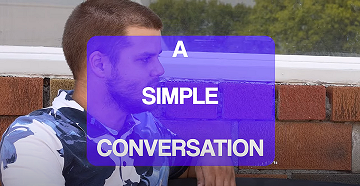 A man sits outside a brick building. Text reads a simple conversation