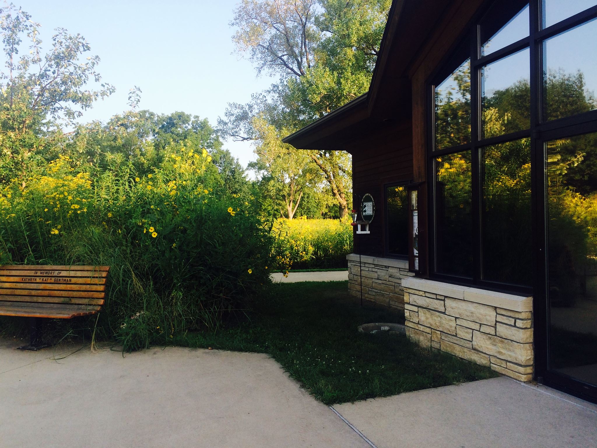 The front of a building surrounded by tall yellow wildflowers from the prairie.