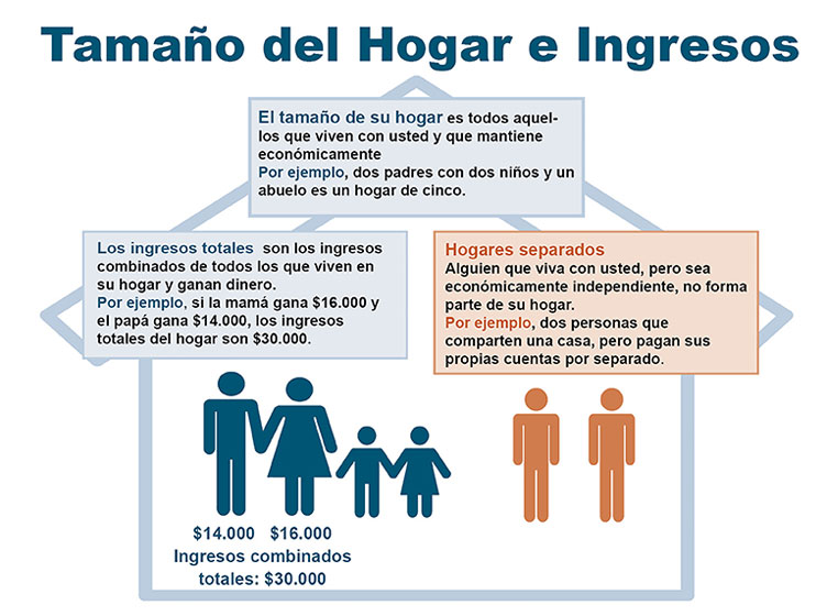 El tamaño de su hogar es de todos los que viven con usted a los que usted apoya financieramente. Por ejemplo, dos padres con dos hijos y un abuelo es un hogar de cinco. Su ingreso total es el ingreso combinado de todos los que viven en su hogar y ganan dinero. Por ejemplo, si la madre gana $16,000 y el padre gana $14,000, el ingreso total del hogar es de $30,000. Cualquier persona que viva con usted, pero es financieramente independiente, no es parte de su hogar. Por ejemplo, dos personas que comparten una casa pero pagan sus propias facturas por separado.