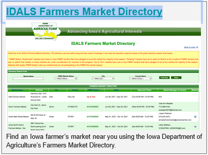 Image of IDALS Farmers Market Directory web page