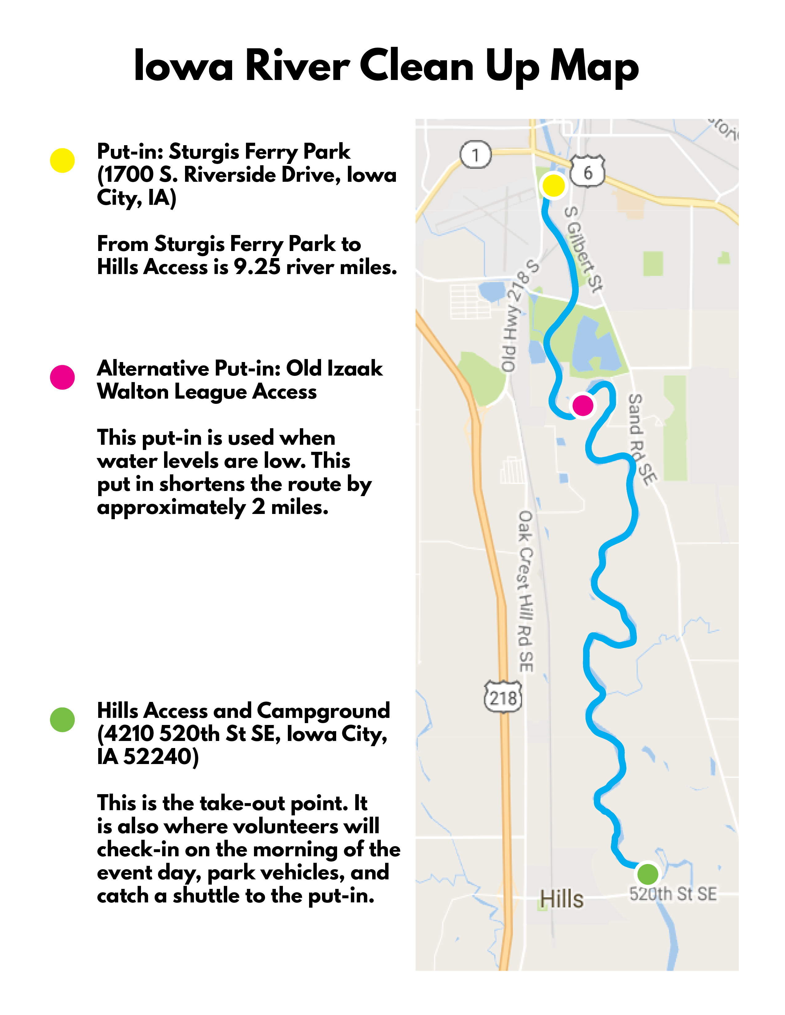 A map of the Iowa River showing the two put-in site options and the take-out point in Hills, Iowa.