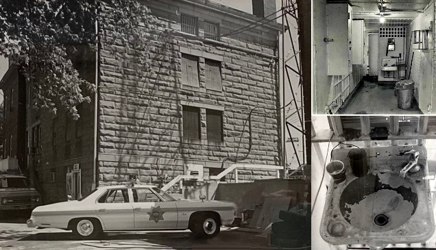 Photos of the outside of the Johnson County jail thatwas used from 1901 to 1981 along with photos of jail cells