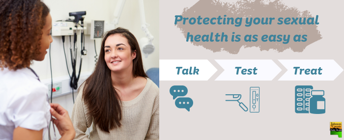 Woman speaking to her doctor. Text reads protecting your sexual health is as easy as talk, test, treat.