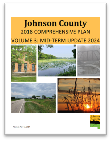 Image of Comprehensive Plan 2024 Update Cover, showing five images: old brick building in River Junction, country road, Iowa River, bridge at a park, and sunset over a field