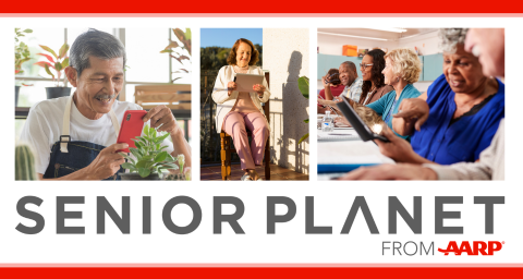 Senior planet logo with three pictures. Left, man holding cell phone in plant shop; middle, woman holding tablet on balcony; right, row of people in a classroom setting looking at tablets.