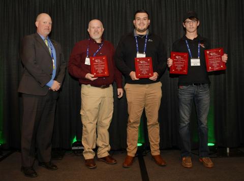 ICPA honorary presenter David Carney, Public Works Director of the city of Sioux City presents the Best Recreational Trails Award for 2021 to Brad Freidhof representing the JCCB, Michael Guajardo representing McClure Enginnering and Geoff Streb from Streb Construction Company
