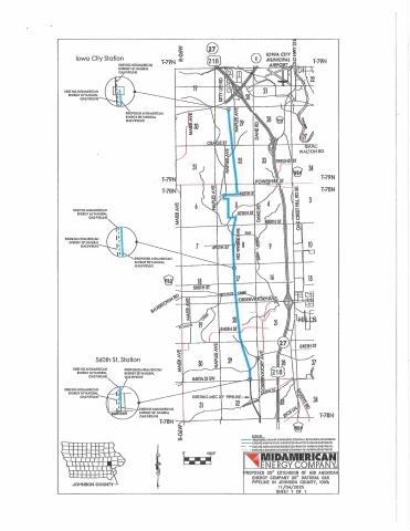 A detailed utility map showing the proposed 20-inch MidAmerican Energy natural gas pipeline extension in Johnson County, Iowa. The map highlights the pipeline route in blue running north–south from Iowa City to the 560th Street Station. Surrounding roads, township and range numbers, parcel boundaries, and landmarks such as the Iowa City Municipal Airport are labeled. Insets on the left side show circular close-ups of existing and proposed natural gas pipelines near the Iowa City Station and the 560th Street